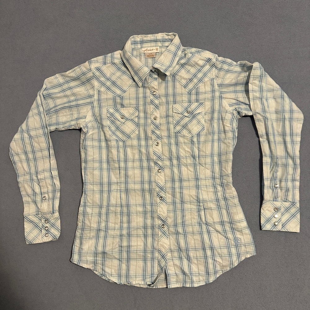 Ariat Button Up Shirt Long Sleeves Collared Plaid Blue White Womens Size Small